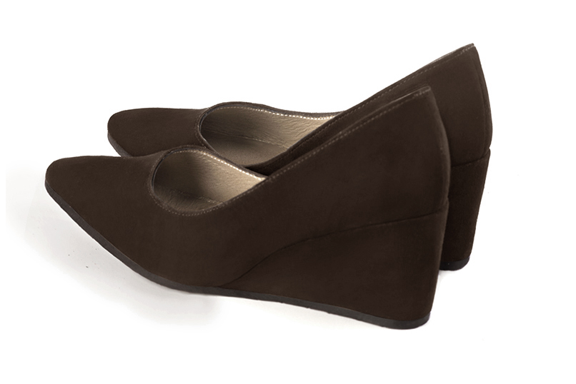 Dark brown women's dress pumps,with a square neckline. Tapered toe. Medium wedge heels. Rear view - Florence KOOIJMAN